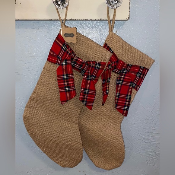 Mud Pie Other - (2) Mud Pie Burlap and Red Tartan Stockings